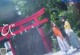 A couple of women standing next to each other in front of a red gate.