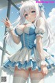 Anime girl in a blue and white dress posing for a picture.