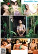 A collage of photos of a woman sitting on a bench.