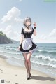 A woman in a maid outfit holding a cup of coffee on the beach.